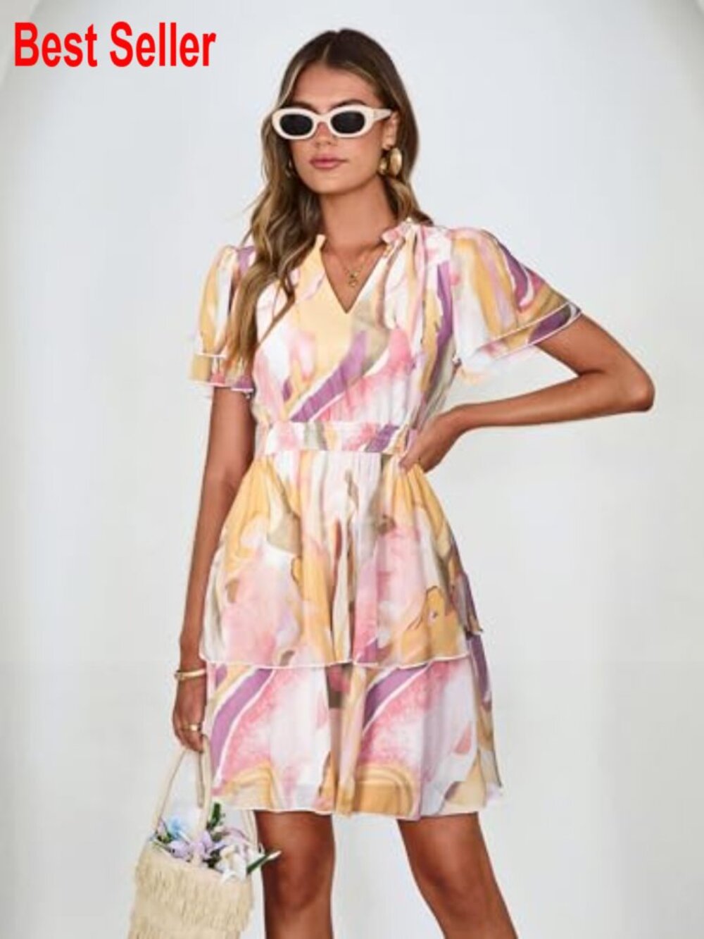 Chiffon Floral Mini Dress V Neck Short Sleeve Empire Waist Tiered - Picture 6 of 7